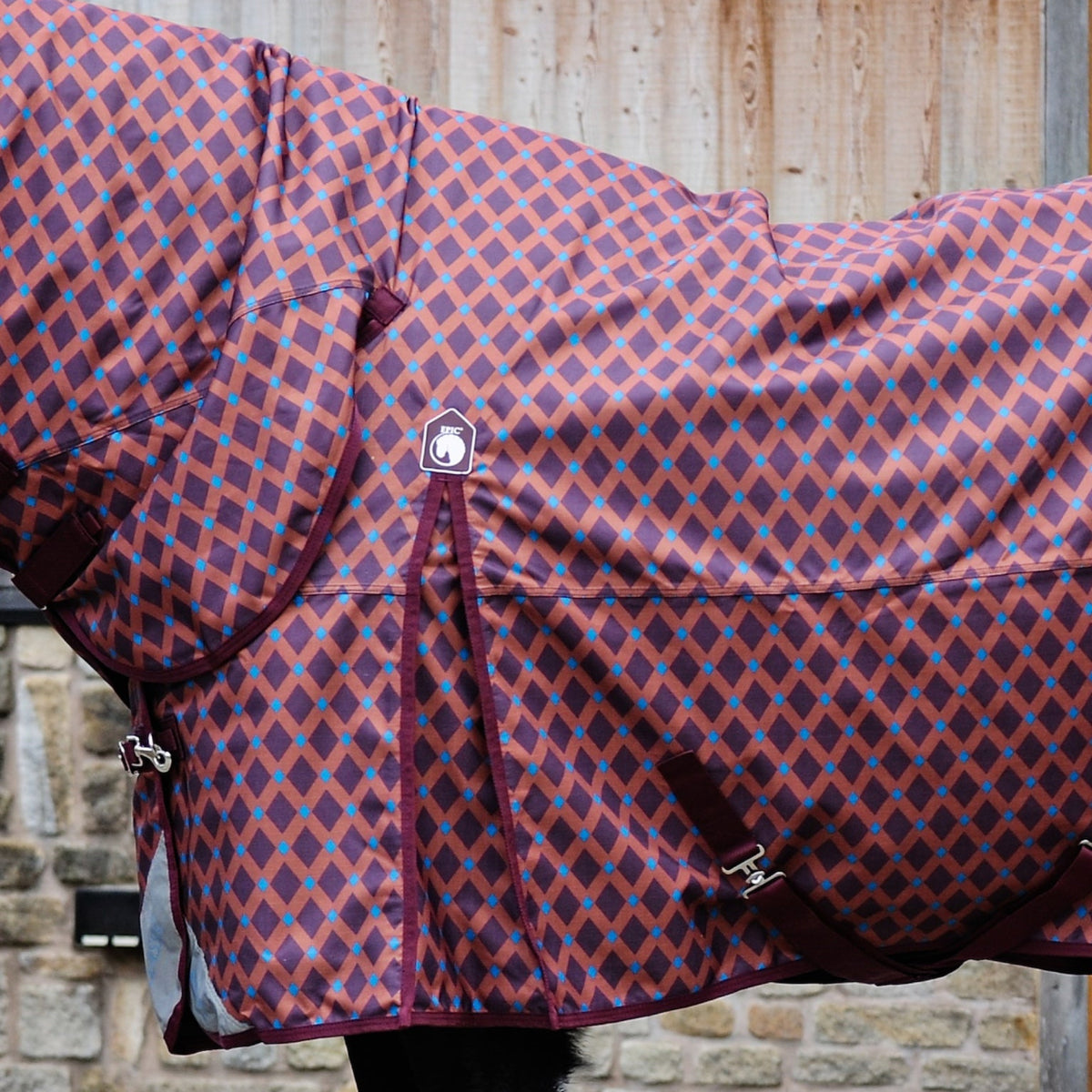 Horse wearing a patterned rug with a geometric design in front of a wooden wall.