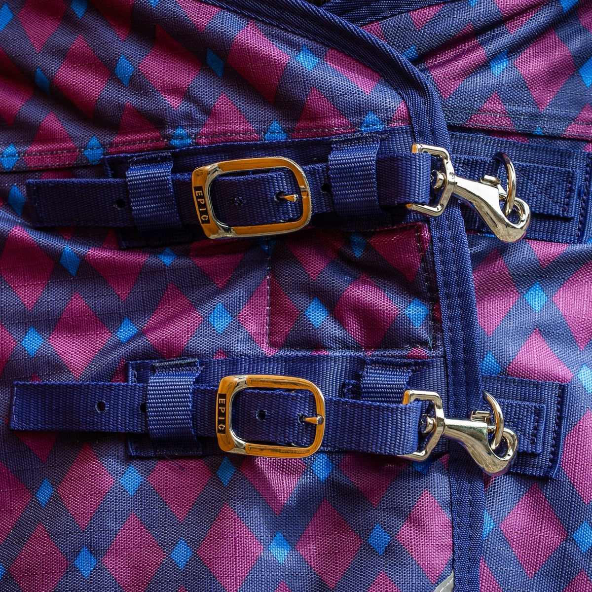 Close-up of a patterned turnout blanket with silver buckles on a dark background