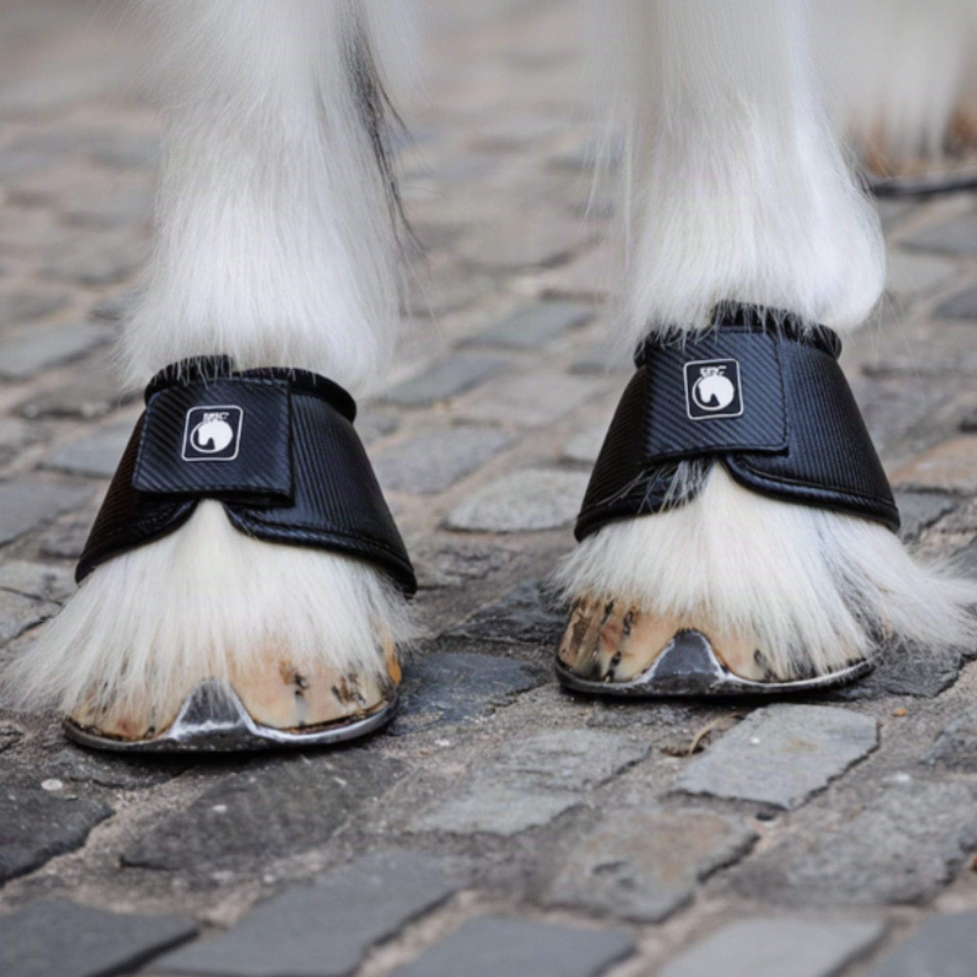 Horse hooves with protective boots on a cobblestone surface