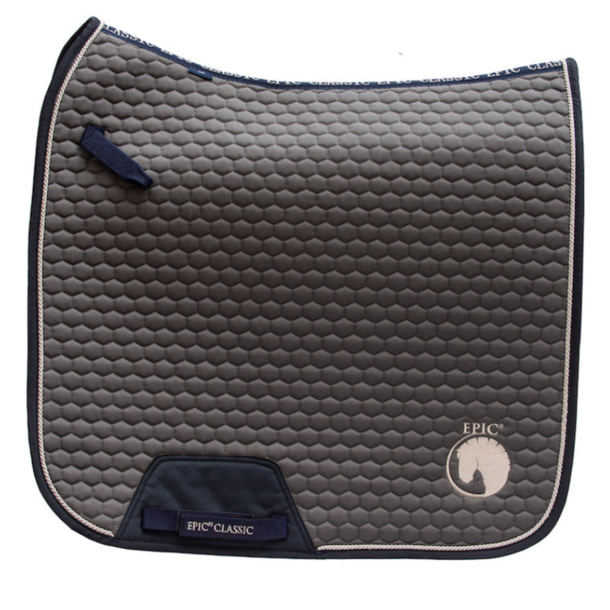 A gray and black geometric patterned dressage saddle pad with velcro straps and a branded label.
