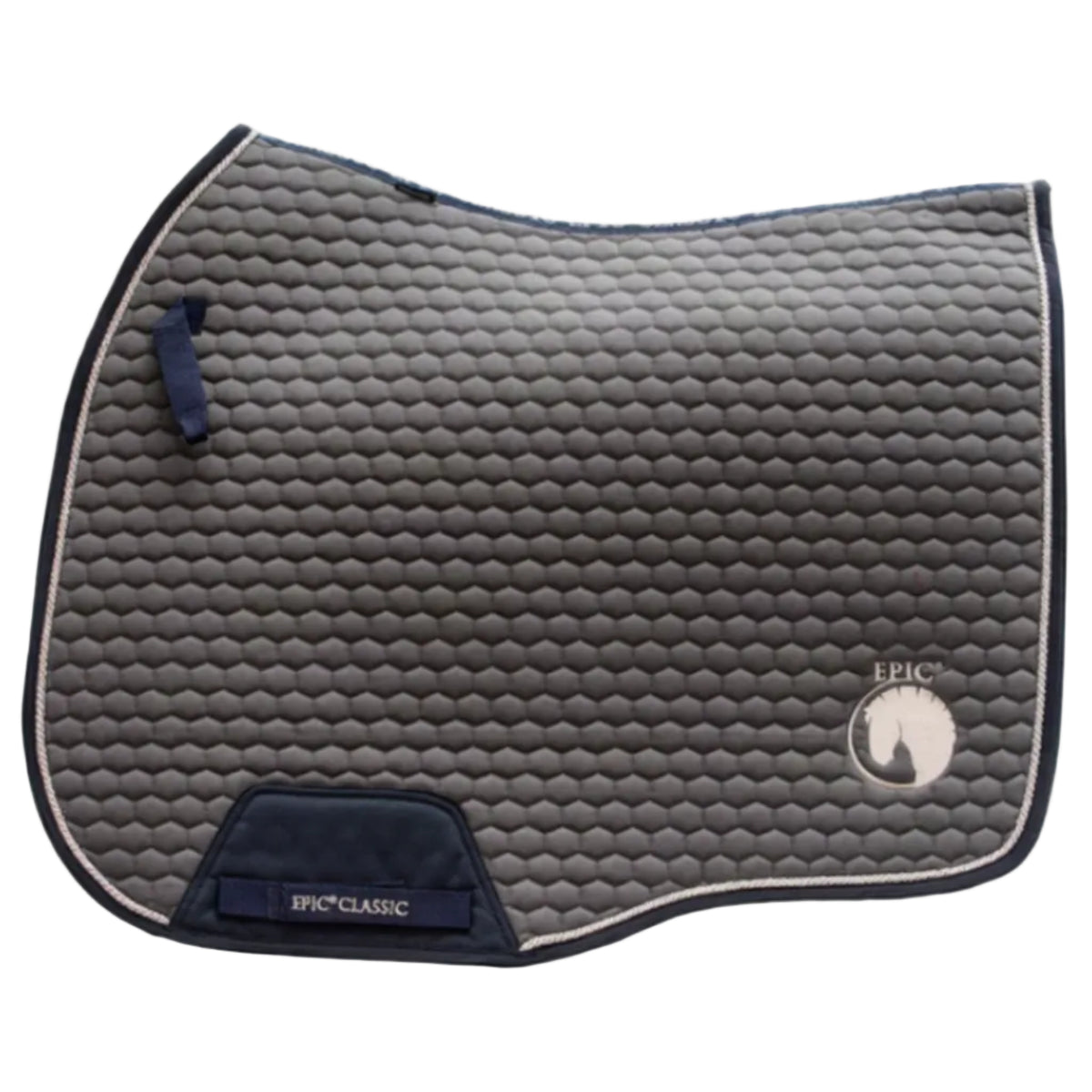 A dark gray quilted equestrian saddle pad with navy blue trim, a navy blue handle, and a navy blue brand patch at the bottom. The brand 'EPIC' is visible on the lower right with an equestrian logo, and 'EPIC CLASSIC' is embroidered on the patch.