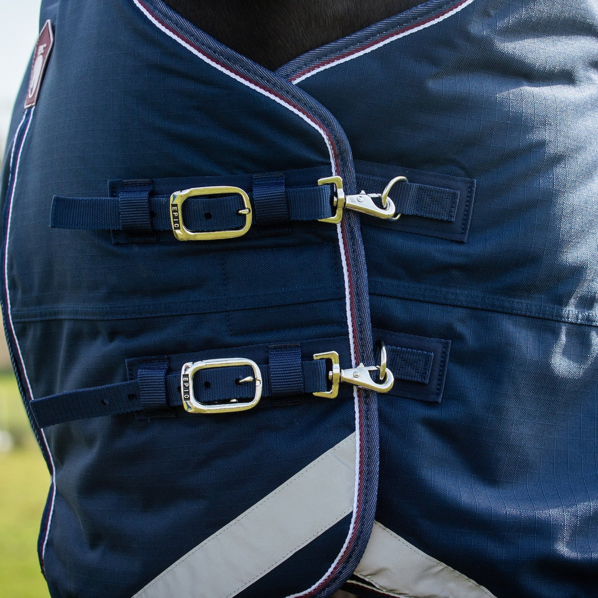 Navy blue equestrian blanket with silverbuckles on a blurred background