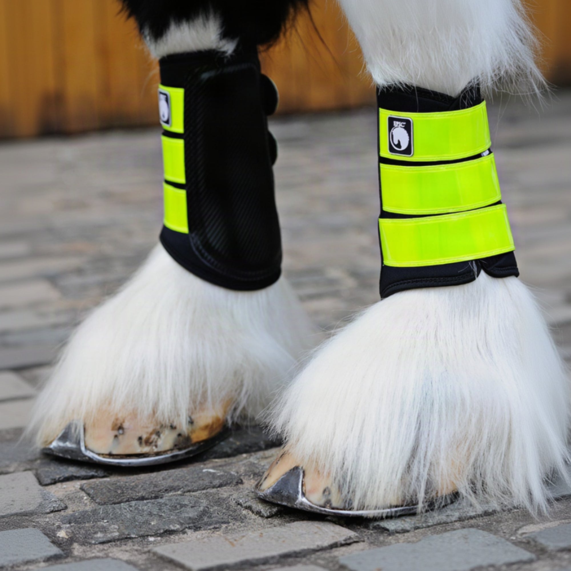 Horse legs with protective leg wraps on a stone surface