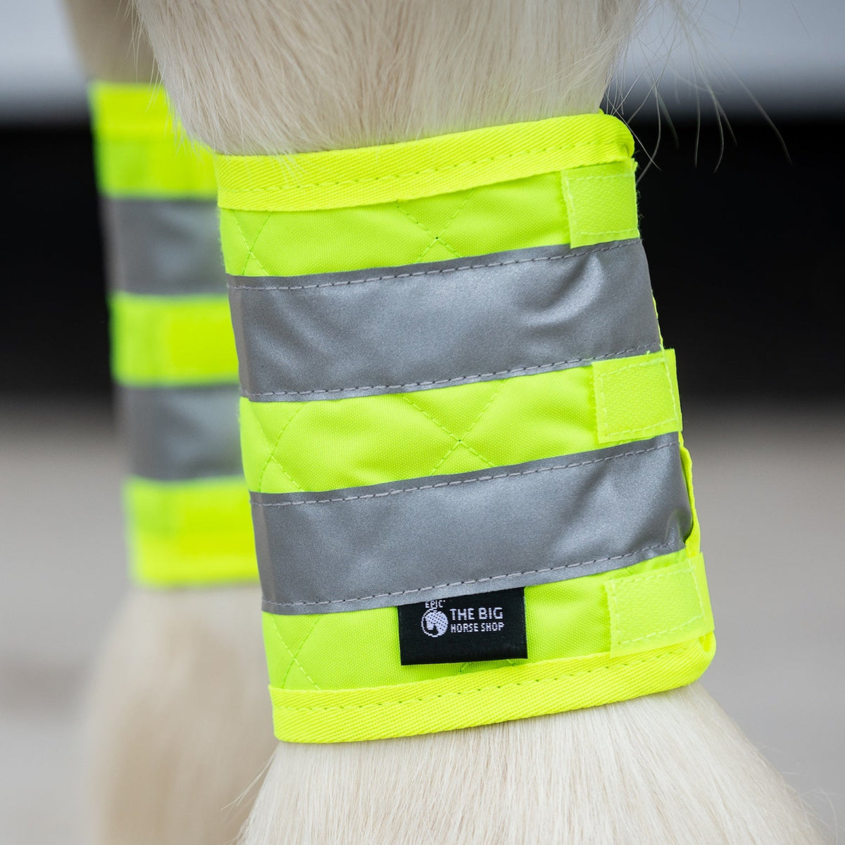 Reflective yellow leg wrap on a horse's leg with a visible brand label.