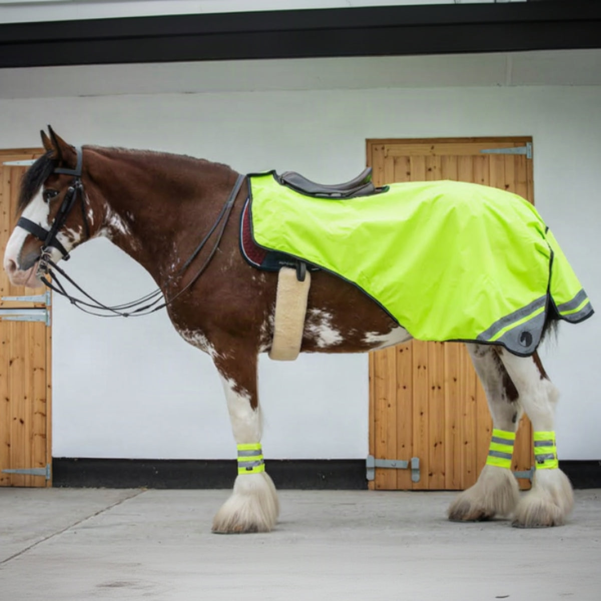 A horse wearing a fleece lined, waterproof exercise sheet in a stable.