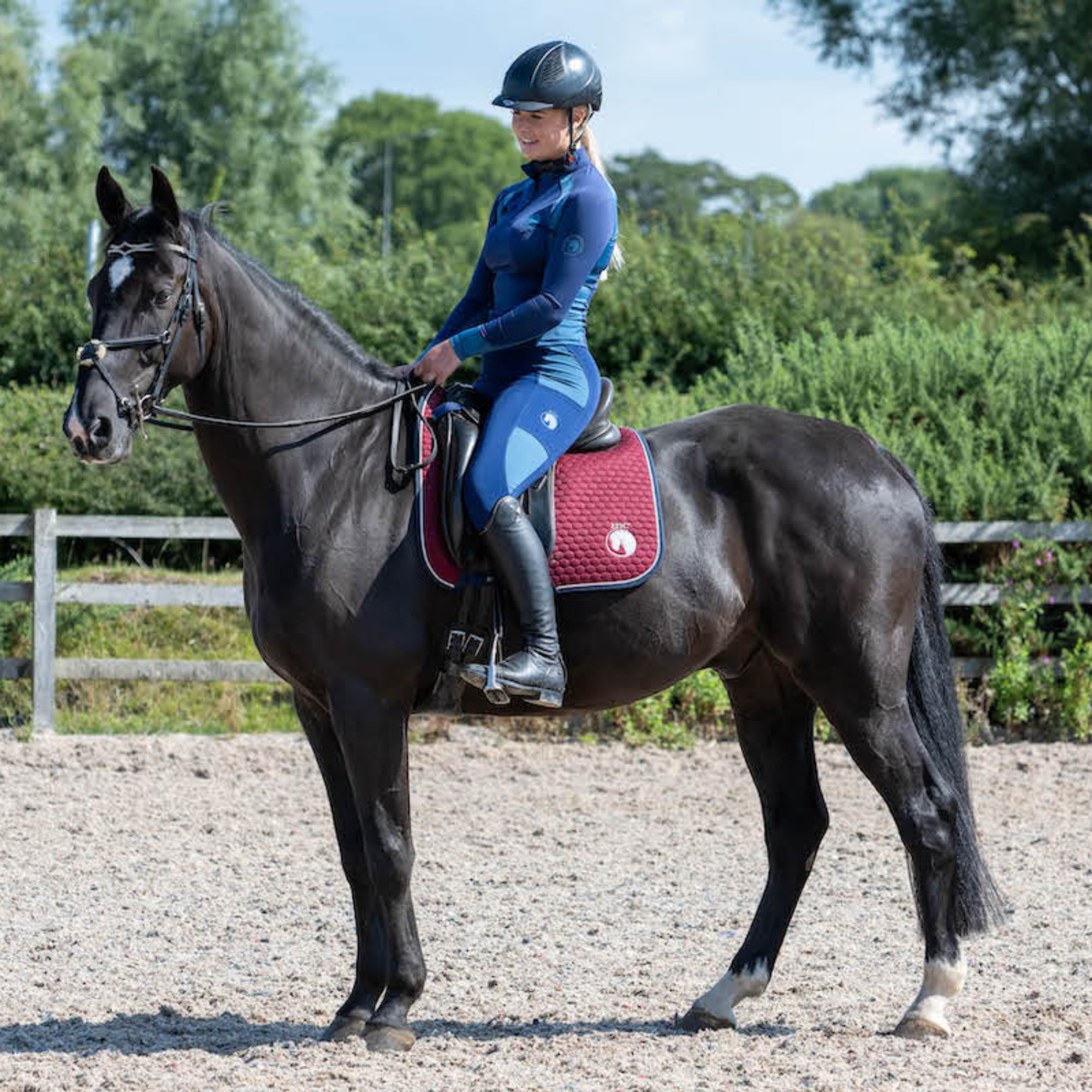 A person mounted on a horse wearing blue knee-grip riding tights.
